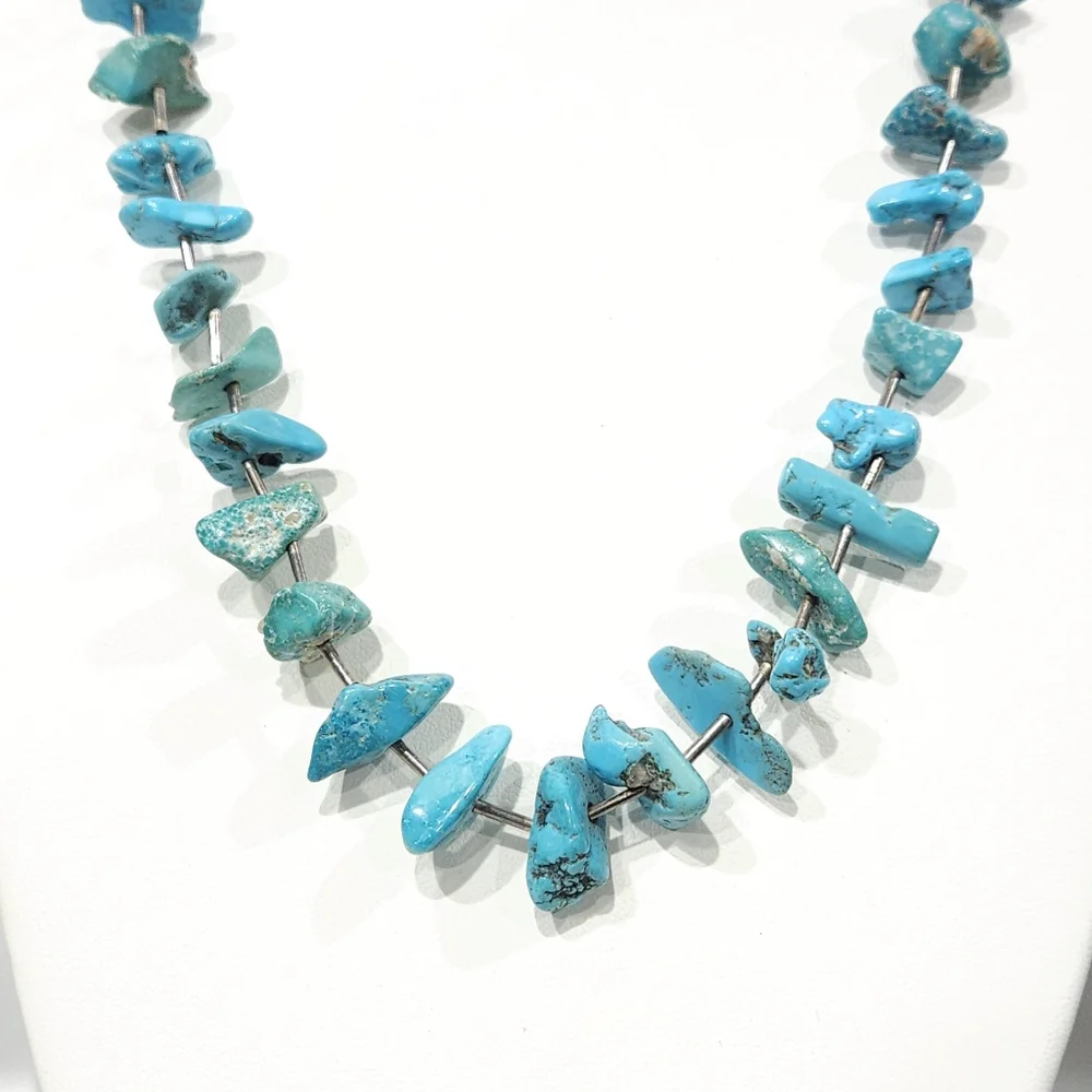 Vintage Southwestern Turquoise Nuggets Sterling Silver Heishi Bead Necklace